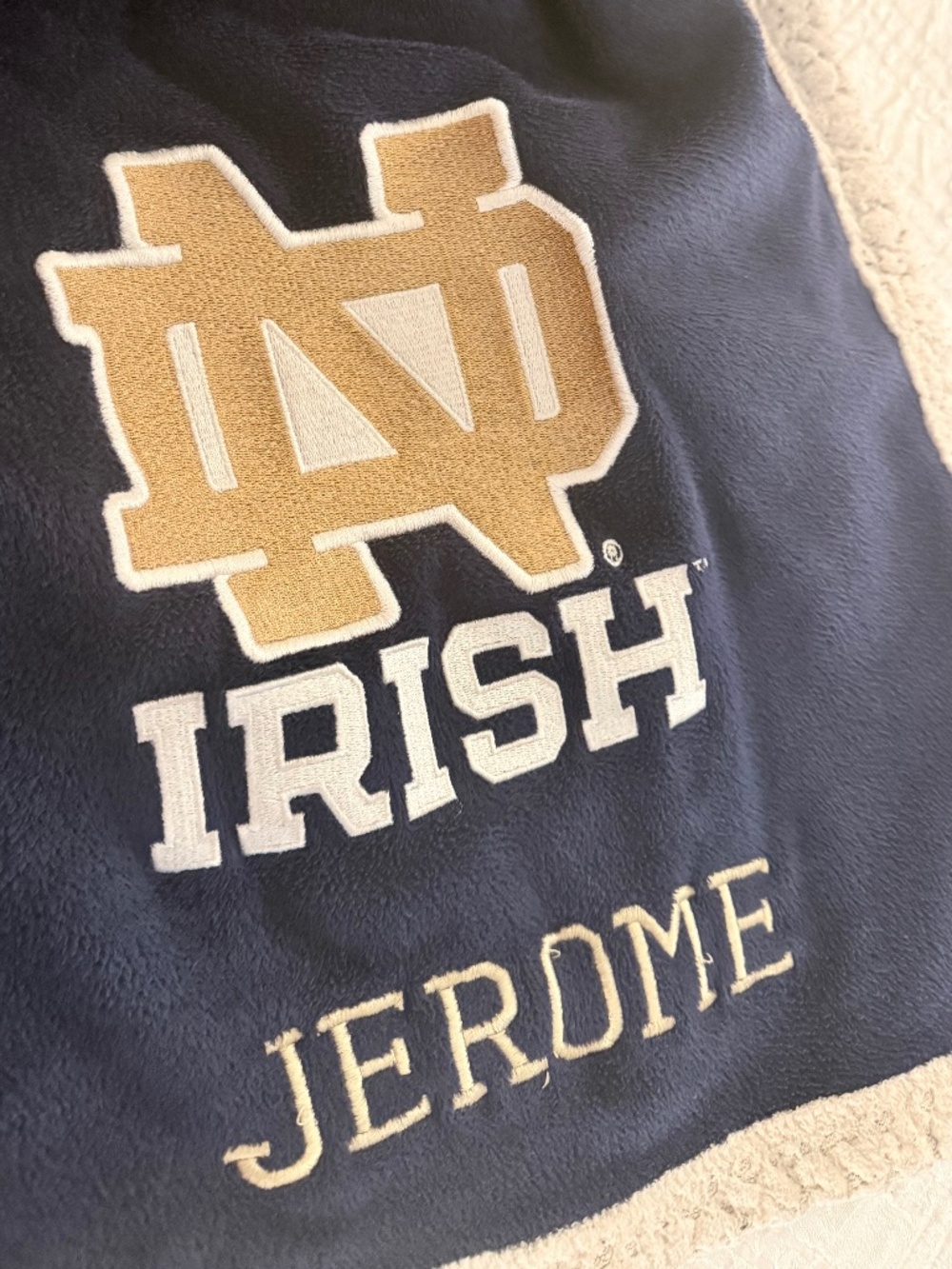 Notre Dame 60 by 50 Sherpa Fleece Blanket Navy Blue Personalized Jerome